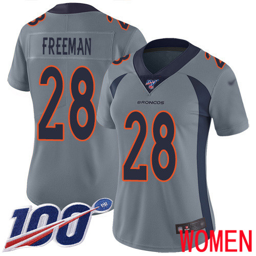 Women Denver Broncos #28 Royce Freeman Limited Silver Inverted Legend 100th Season Football NFL Jersey